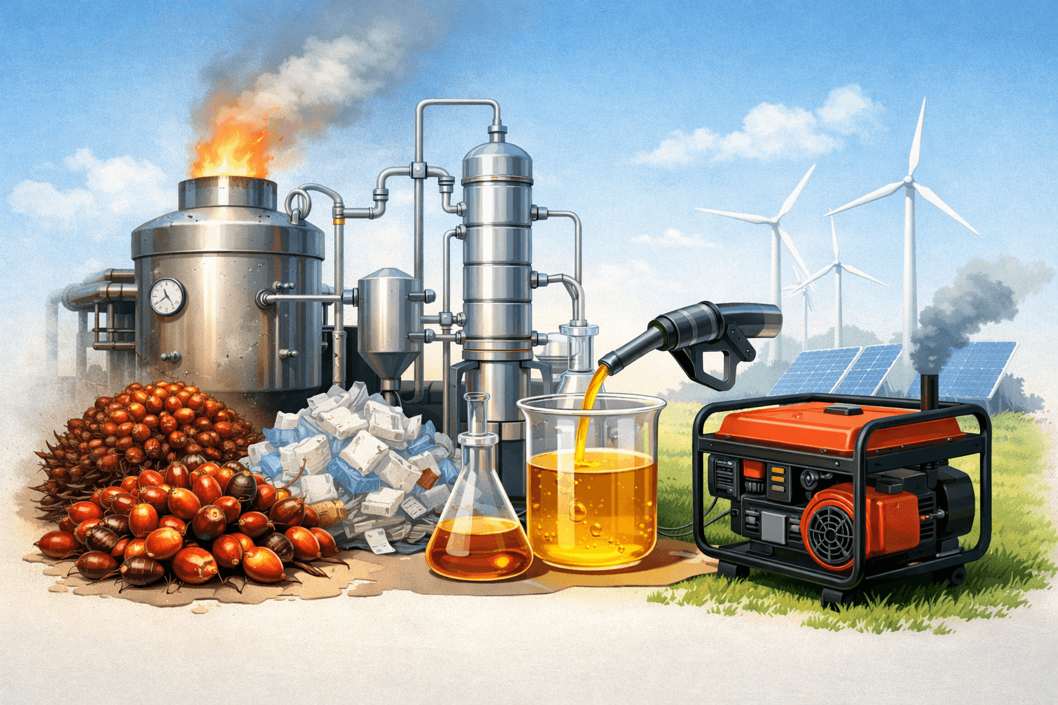 Performance evaluation of pyro-diesel derived from co-pyrolysis of fresh palm fruit bunches and waste plastics in an agricultural power generator